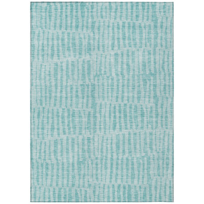 5' X 8' Teal Blue And Aqua Striped Washable Indoor Outdoor Area Rug