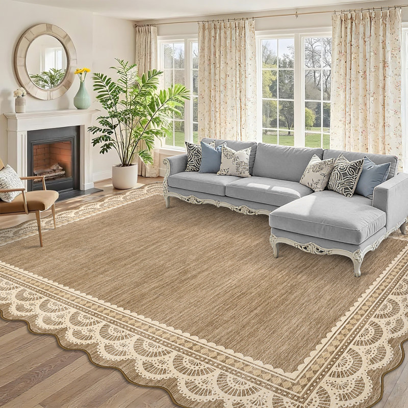 Lace Border Scalloped Machine Washable Area Rug for Living Room Bedroom Dorm, Soft Low Pile Non Slip Carpet for Under Table Nursery College Bedroom Playroom
