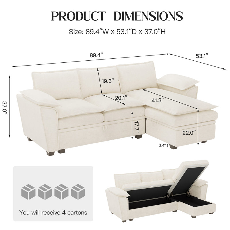 Upholstered L-Shaped Sectional Sofa With Chaise, Beige Chenille