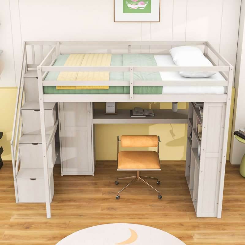 Full Wood Loft Bed with LED Light, Wardrobe, Desk and Shelves, Beige