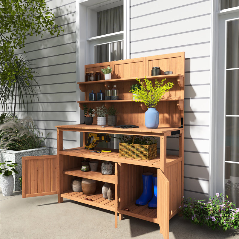 Table de rempotage en bois de sapin 65,4 "avec tablettes et armoires, Naturel