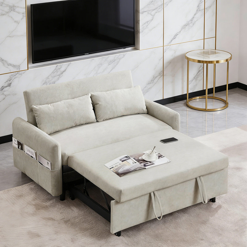 Causeuse rembourrée avec dossier réglable, poches de rangement, 2 coussins moelleux et ports USB, Beige