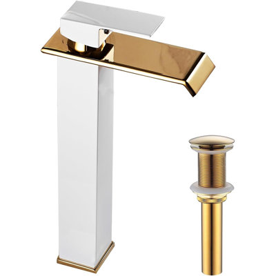 White & Gold Vessel Sink Faucet – Tall Single-Handle Waterfall Bathroom Faucet with Pop-Up Drain & Supply Hose