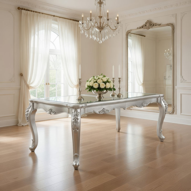 Table de salle à manger Bowe, 80 à 96 pouces, miroir, bois champagne classique argenté, 30" H x 80" W x 44" D