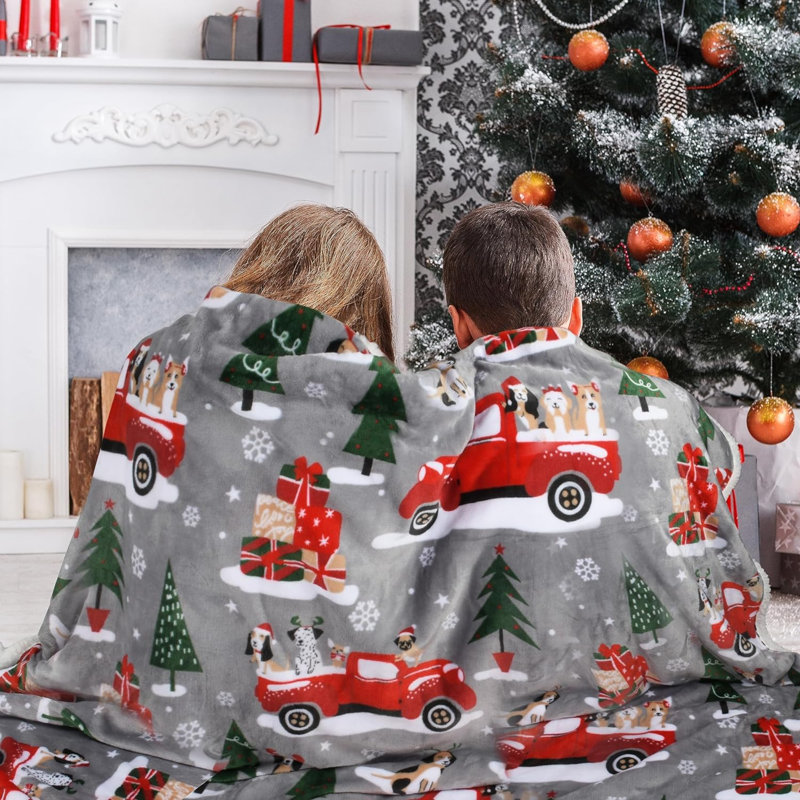 Jeté de Noël en sherpa, jetés à thème de Noël, couverture en peluche pour canapé | Super doux, confortable, confortable, moelleux, chaud | 50 x 60 pouces, camion