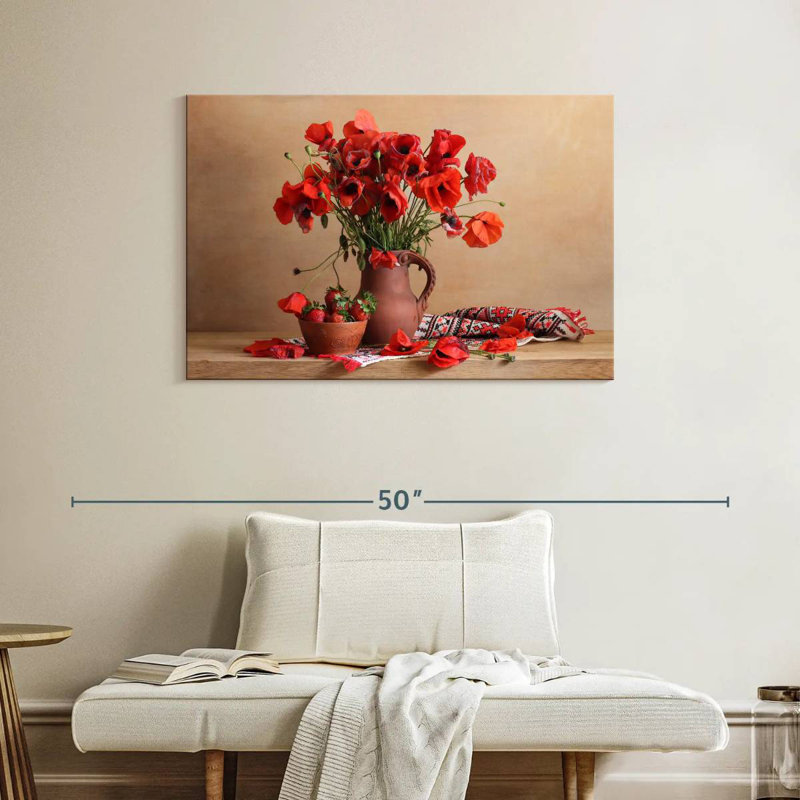 Harnek, coquelicots rouges et fraises, H 26 po x l 39 po