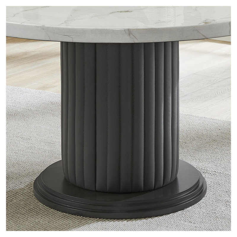 Table de salle à manger ronde Valencia de 54 po avec dessus en faux marbre et pied central rembourré – Blanc et gris