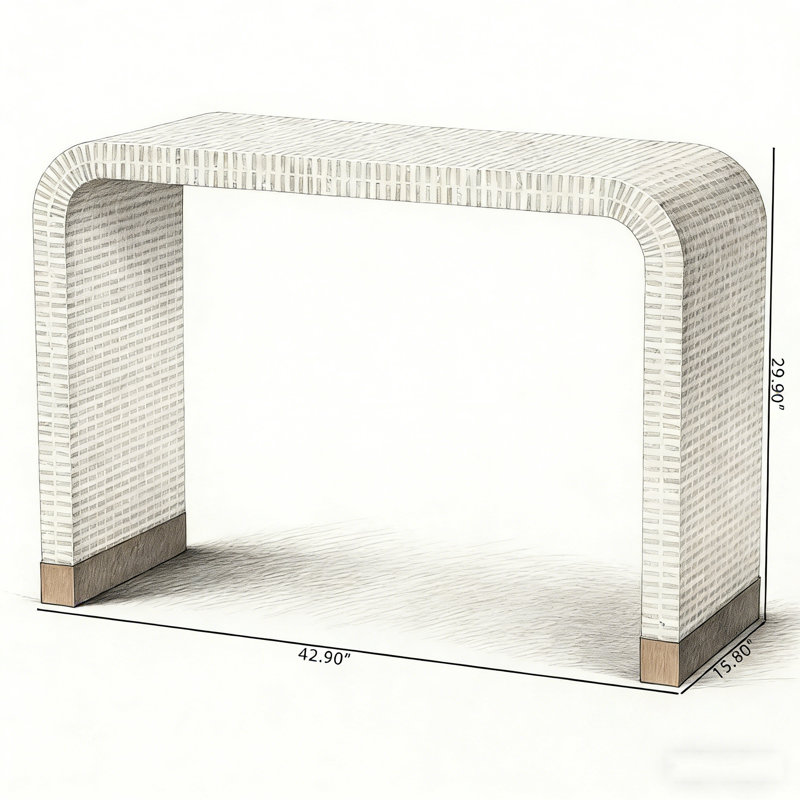 Console Coastal avec mosaïque de coquillages Capiz, silhouette en cascade et plateau rectangulaire polyvalent pour une entrée élégante ou un salon.