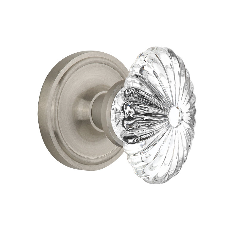Rosette classique avec bouton de porte ovale en cristal cannelé, Nickel satiné