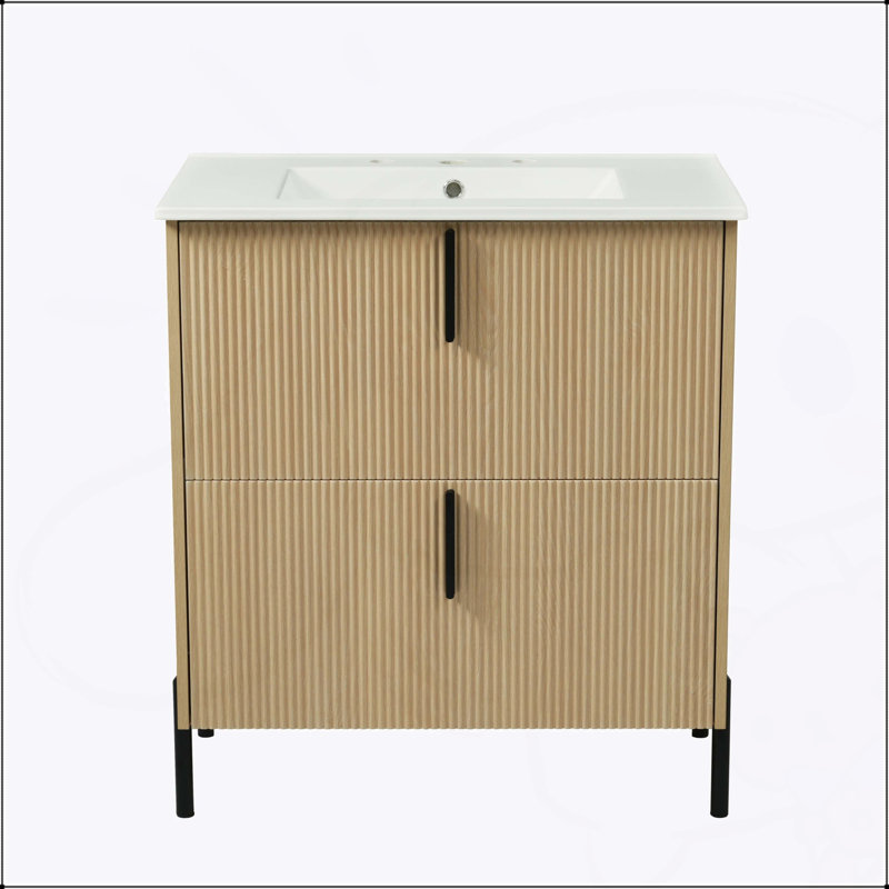 Meuble-lavabo de 30 pouces avec lavabo en céramique, tiroirs pleine extension et conception cannelée pour un rangement élégant