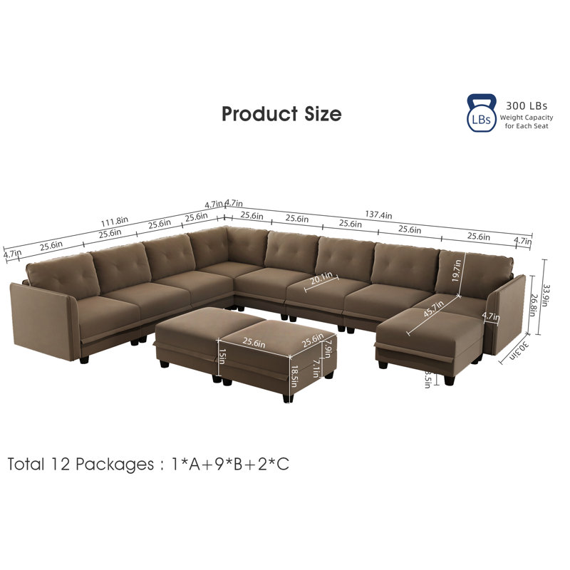 Tomario 111.8" Wide Upholstered Reversible Modular Corner Sectional with Ottoman, Brown Faux Leather