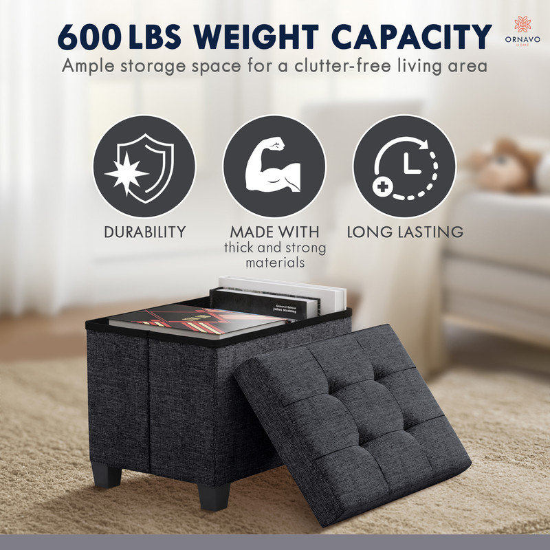 Collapsible Rectangle Small Storage Ottoman with Legs - 12" x 16" x 12", Black