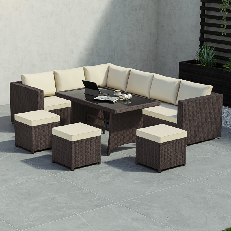 Prweitt Rattan 9 - Person Seating Group with Cushions, UKFR Certified, Brown