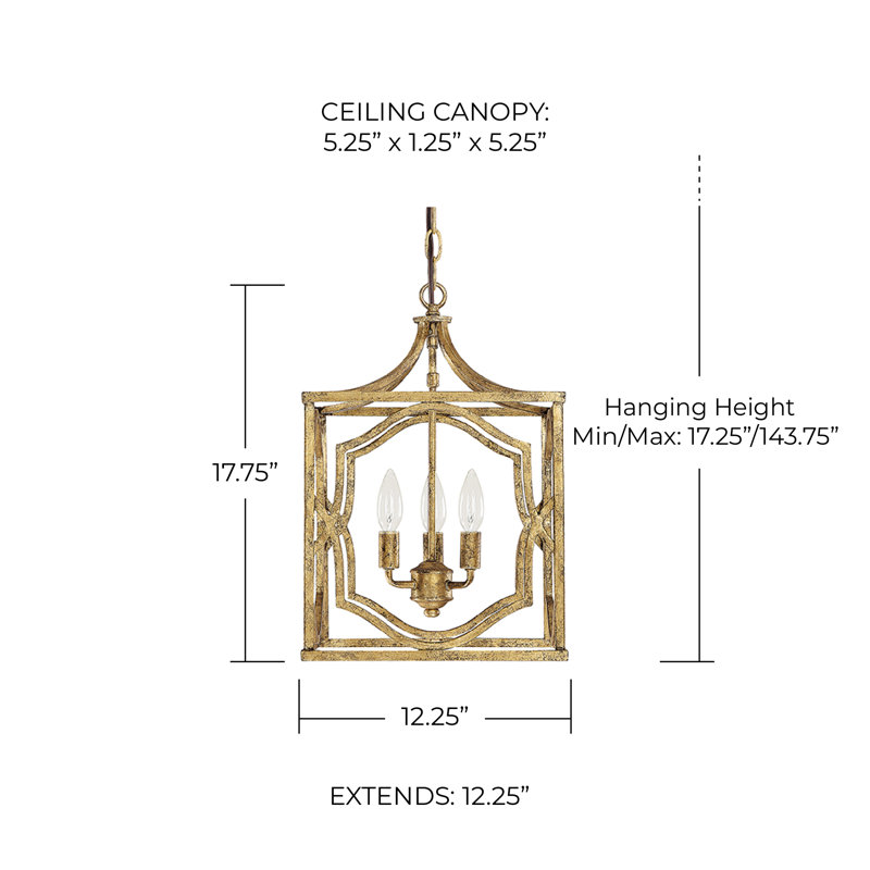 Lanterne suspendue carrée 3 lumières Destrey, Or antique