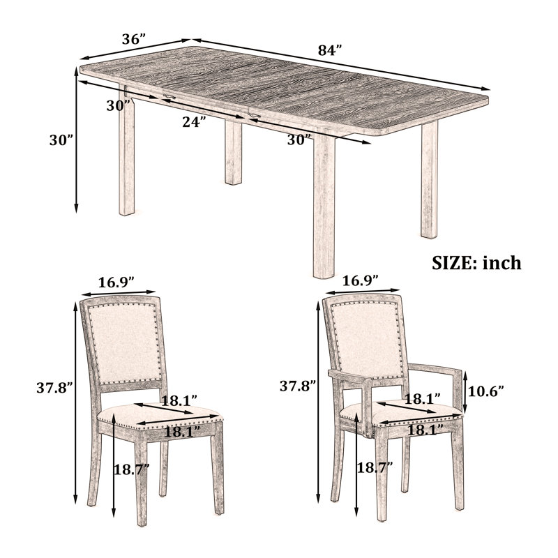Ensemble de table de salle à manger extensible rustique de 84 pouces avec rallonge amovible de 24 pouces, 6 chaises de salle à manger rembourrées sans accoudoirs et 2 chaises rembourrées, 9 pièces