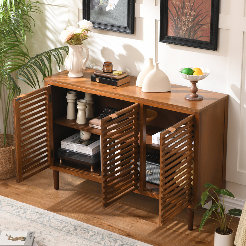 Jahey Modern 3-Door Storage Cabinet With Adjustable Shelves, Slatted Doors, Walnut