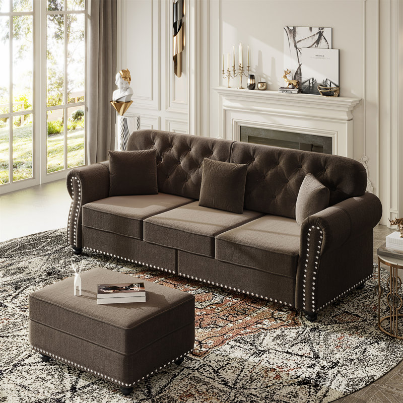 82.6"Upholstered Velvet Sofa With Nailhead Trim And Rolled Armrests, Brown