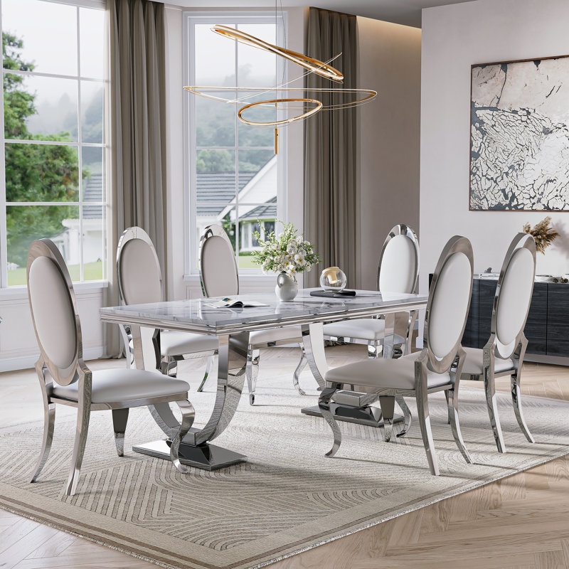 70.08" Rectangle Dining Table Set, Modern Kitchen Table, White/Silver, Silver/White, 7 Pieces: Table, 6 Chairs