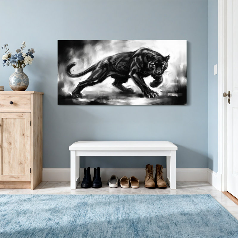 Animaux, panthère noire en mouvement, reproduction d'art, H 20 po x l 40 po