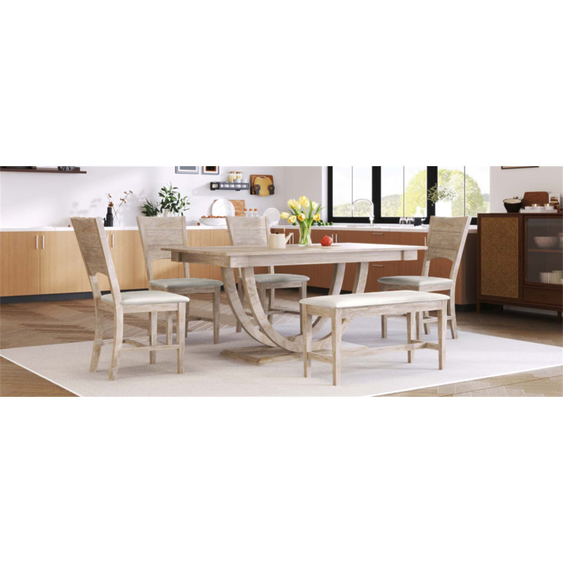 Ensemble de salle à manger demi-ronde en bois massif 6 pièces avec banc long et 4 chaises rembourrées, style marin moderne