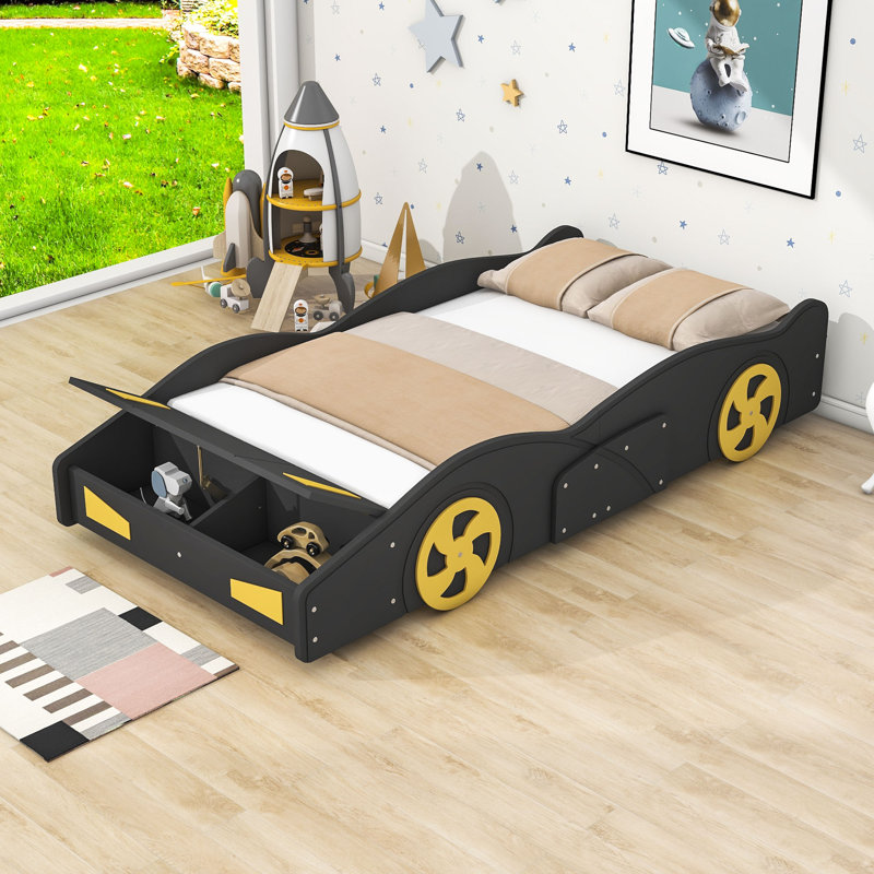Lit plateforme en forme de voiture avec roulettes Abdullbasit, Noir / jaune