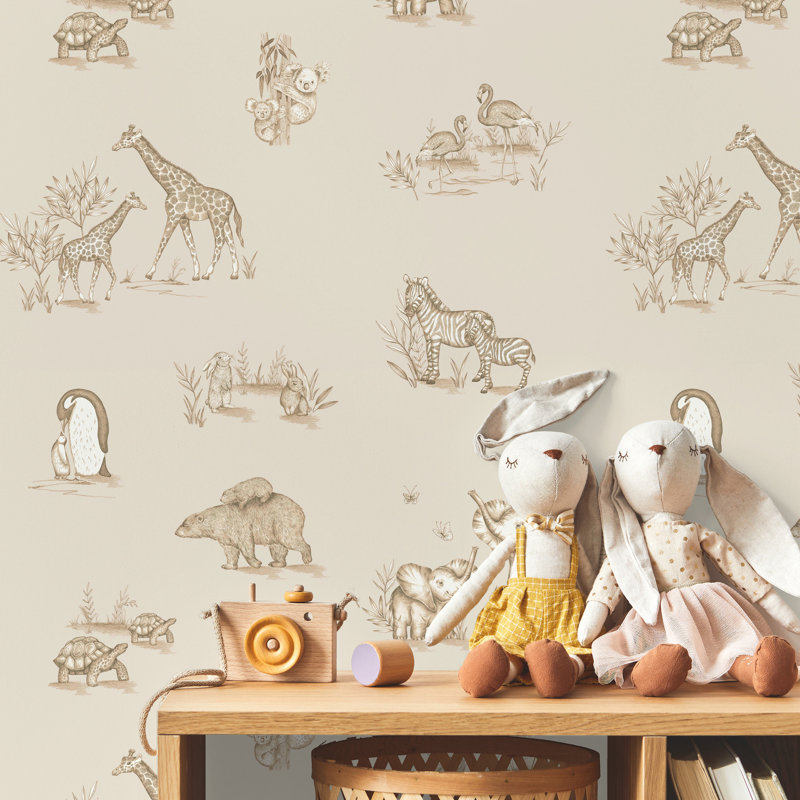 Papier peint safari avec bébés beiges, Beige