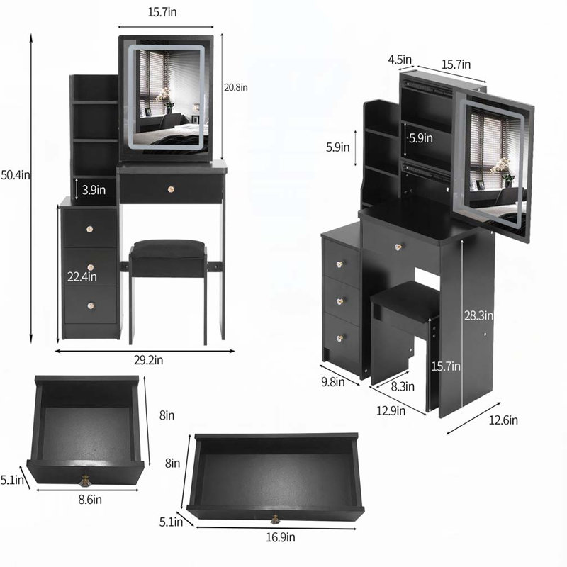 29.2" Small Size Left Bedside Cabinet Vanity Table + Cushioned Stool, Large Sliding, Touch Control, Tri-color Switching, Brightness Adjust LED Mirror, High Capacity Storage, Suitable for Small Space