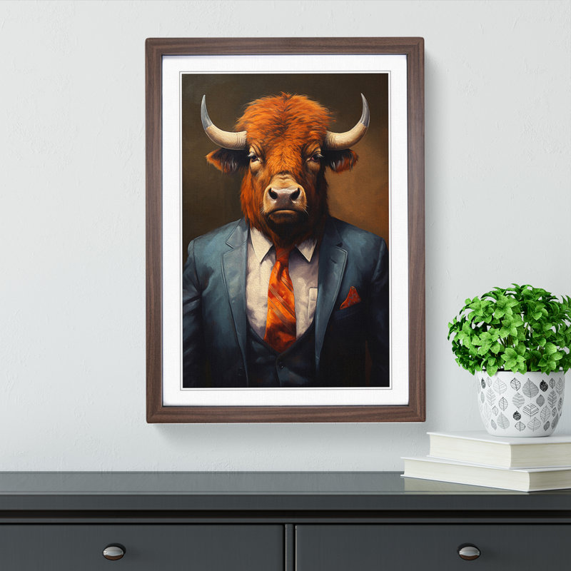 Buffalo In A Suit No.4 - Single Picture Frame Print on Wood, 46cm H x 34cm W x 2cm D, Walnut 