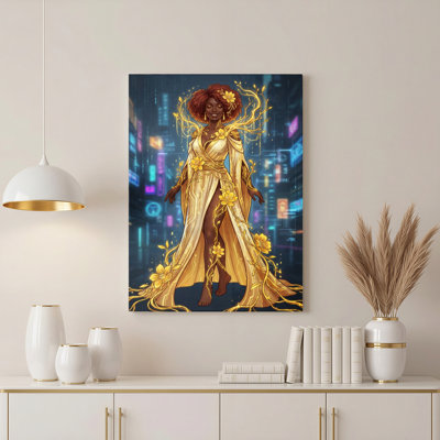 Déesse florale dorée avec fond de ville afro et néon, reproduction d'art sur toile tendue sur toile, ensemble de 1