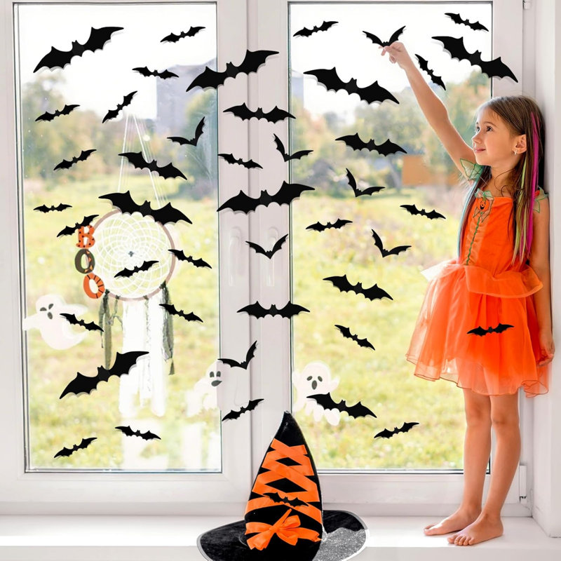 36 Pcs Halloween Bats Wall Decor Realistic PVC Black 3D Scary Bat Sticker 4 Different Sizes Spooky Wall Decal for Home Kitchen Bathroom Interior Decoration Hallowmas Party Supplies