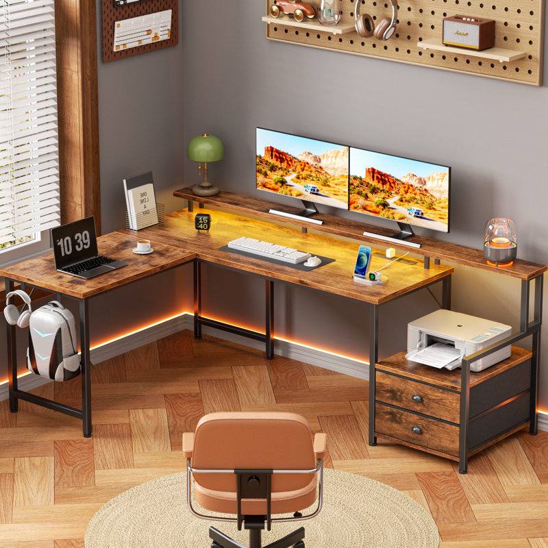 Bureau de jeu en L 66 po avec lumières DEL et prises de courant, bureau d'ordinateur avec tiroirs et support pour imprimante