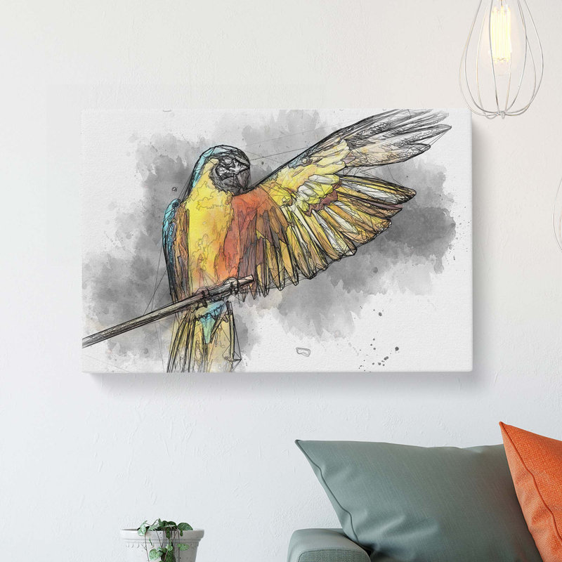 Yellow Macaw Parrot in Abstract - Wrapped Canvas, 60cm H x 91cm W x 3cm D