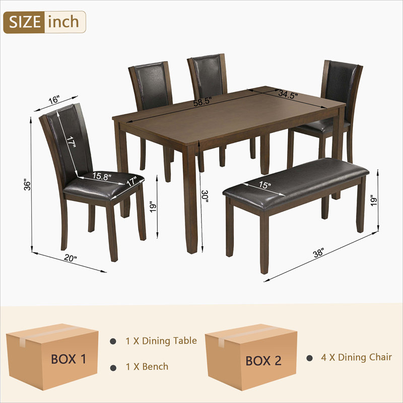 Ensemble de table de salle à manger 6 pièces avec banc et chaises, ensemble de table à manger en bois pour 6 personnes, ensemble de table à manger moderne pour 6 personnes pour la salle à manger, cuisine