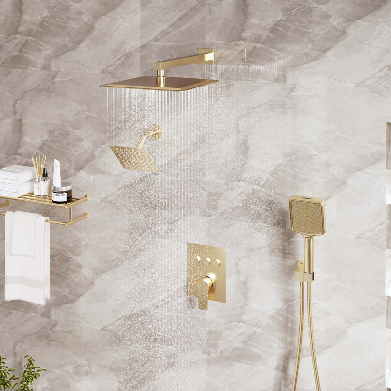 3-Function Dual Shower Head Pressure-Balanced Shower System With 4 Sprays Handheld, Brushed Gold