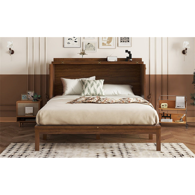 Queen Size Murphy Bed, Pine Wood Cabinet Bed With Power Station And Rattan Decoration Panel, Walnut