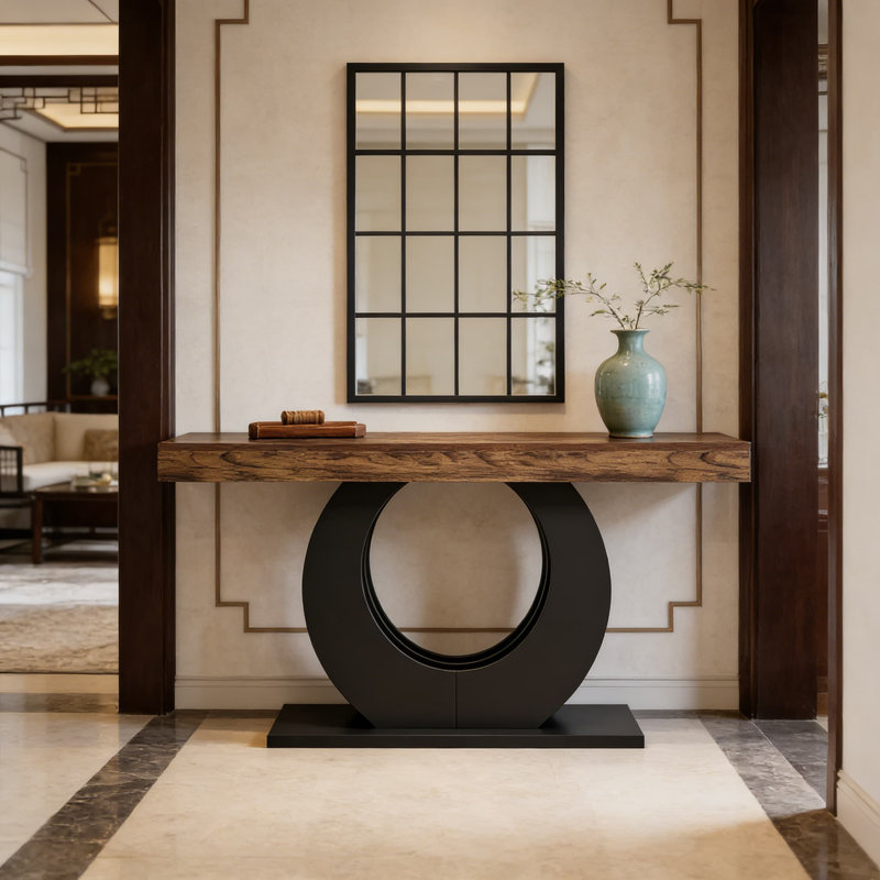 Console rustique industrielle pour canapé derrière, table d'entrée de ferme avec base en cercle noir et plateau en grain de bois, table de couloir longue et étroite pour la décoration du salon
