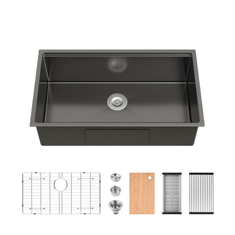 Kitchen Sink 33"X19" Multifunctional Undermount Flying Rain Waterfall S304 Stainless Steel Handmade Modern Single Bowl Kitchen Sink Black
