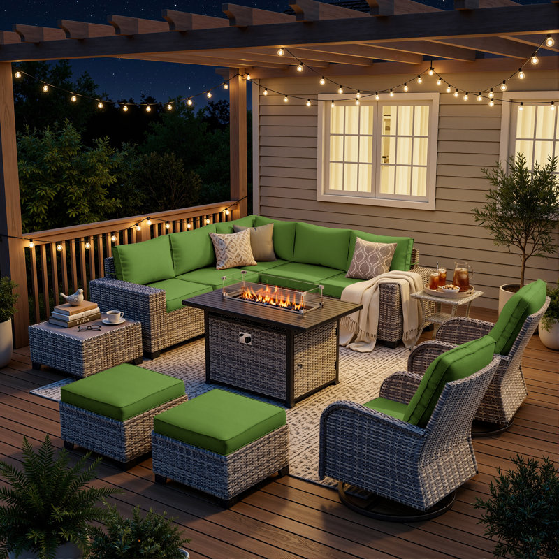 12-Piece Outdoor Modular Sectional Patio Conversation Set With Fire Pit Table, Swivel Rocker Chairs & Ottomans, Lime Green