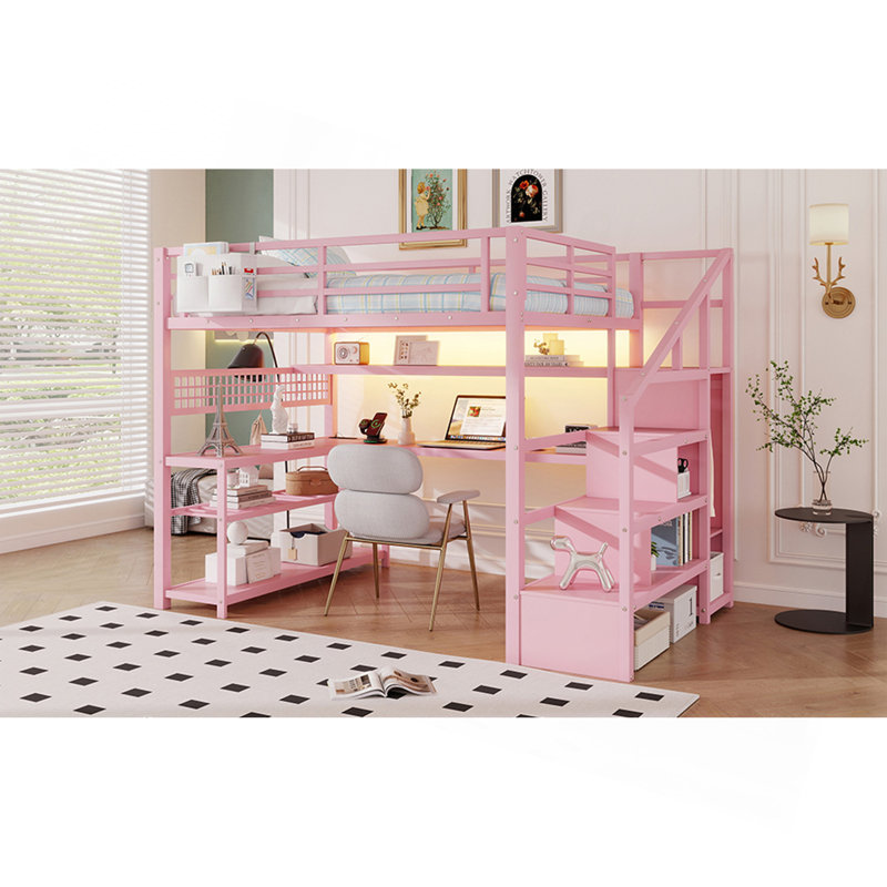 Lit mezzanine double avec escalier et garde-robe, lit mezzanine en métal avec bureau, tablettes de rangement, lumières DEL et station de charge, rose