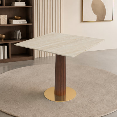 Table de salle à manger moderne carrée, table en pierre des cavernes en ardoise matte de 33,5 po avec pieds en bois et base dorée, table de cuisine pour 2 personnes pour petit espace, capacité de poids de 150 lb (seulement la table de Négociation)