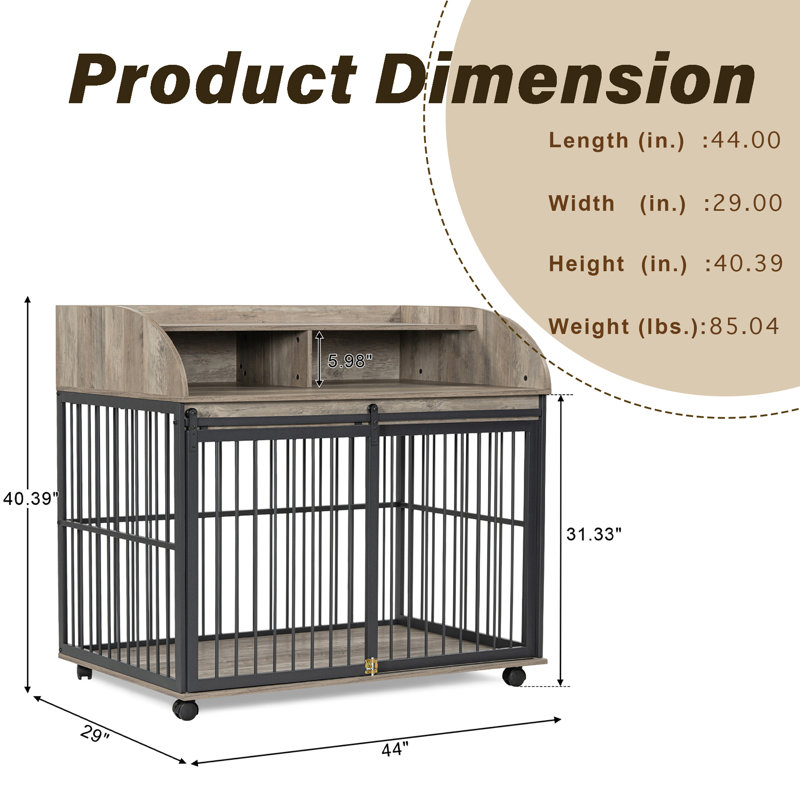Mobilier de grande cage pour grand chien moyen avec roues verrouillables, Gris