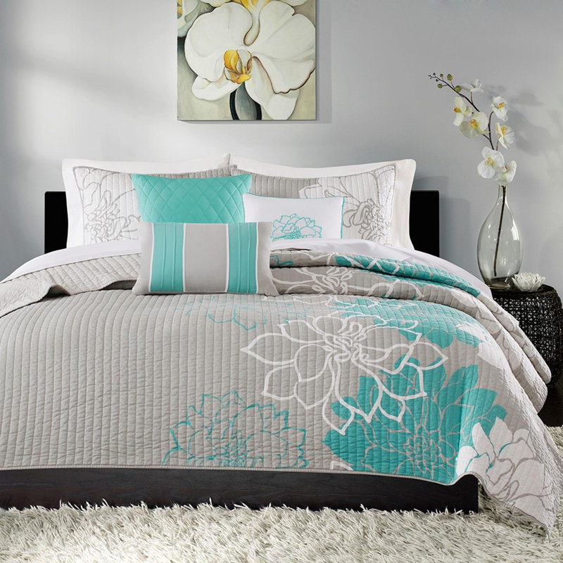 Ensemble de courtepointe en coton 6 pièces, Turquoise, King Quilt + 5 Additional Pieces