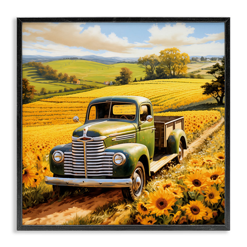 Camion à travers champ de tournesol, estampe numérique, conception par Heidi Kuntz, Giclée encadrée noir minuit