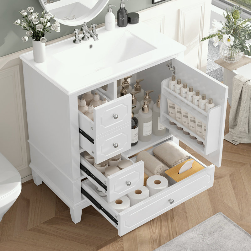 Meuble-lavabo de salle de bain avec lavabo, porte à fermeture douce et 3 tiroirs, Blanc / argenté
