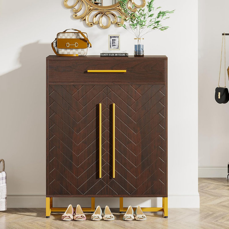 Armoire à chaussures 31,5 pouces en bois noyer et or avec portes
