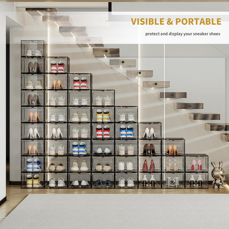 Upgraded Thickened Sturdy Large Shoe Boxes Clear Plastic Stackable 9 Pack Shoe Storage Organizer For Closet/Entryway, Drop Front Shoe Box With Magnetic Door, Shoe Display Case, Fit Up To US Size 14