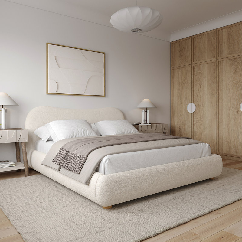 Modern Platform Bed with Wavy Curved Headboard,  Performance fabric, King, Gray