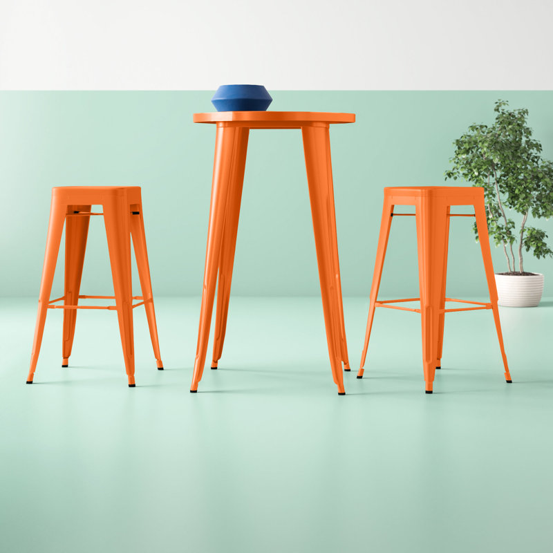 Gyala Round Metal Indoor-Outdoor Bar Table Set with 2 Square Seat Backless Stools, Orange, 41" H x 24" W x 24" D