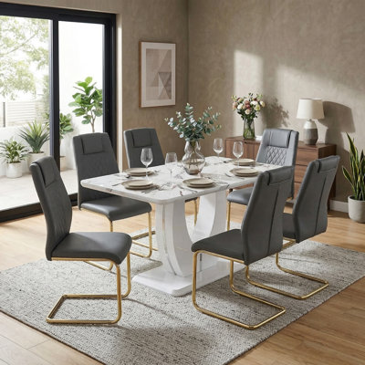 Jeanlouis Modern Pedestal Dining Set with Faux Marble Table & PU Leather Chairs