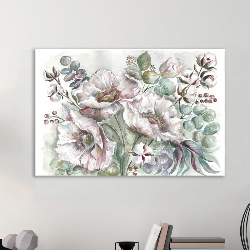 Coquelicots blancs et eucalyptus III - reproduction d'art sur toile tendue, 20 po x 30 p